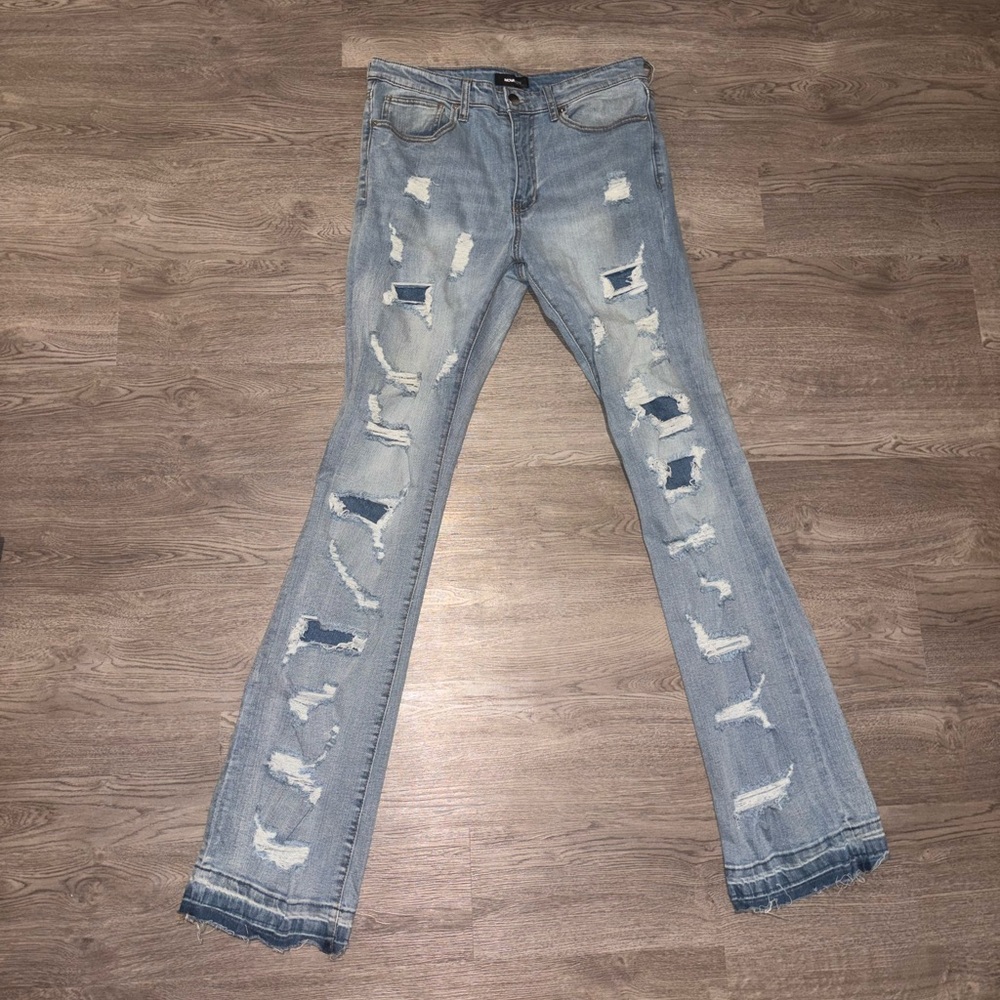 Men’s Fashion Nova Light Blue Distressed Stacked Jeans